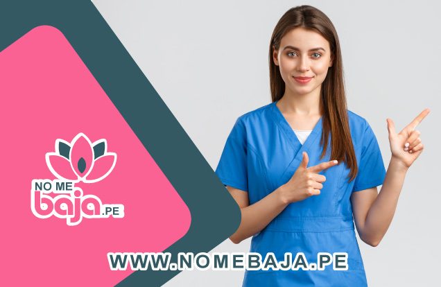 Se muestra en la imagen una doctora apuntando con su mano hacia la derecha y al lado tambien el logo y nombre de la marca : Nomebaja.pe