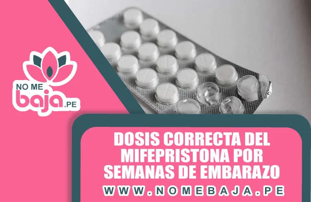 Se observa una tableta de pastillas  y un titulo que dice : Dosis correcta del Mifepristona por semanas de embarazo nomebaja.pe