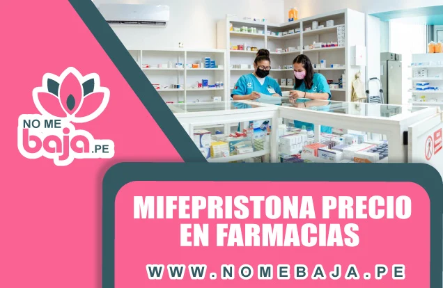 Se observa 2 doctoras en una farmacia  y un titulo que dice : Mifepristona Precio en Farmacias nomebaja.pe