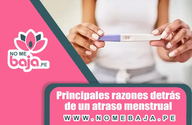 Se observa un test de embarazo y debajo un titulo : Principales razones detrás de un atraso menstrual