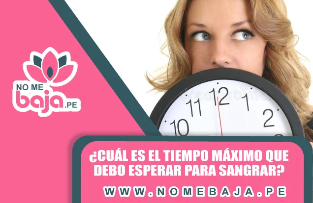 Se observa la mitad del rostro de una mujer con un reloj  y un titulo que dice : ¿Cuál es el tiempo máximo que debo esperar para sangrar? nomebaja.pe