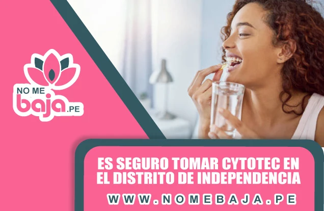 Se observa una mujer apunto de consumir una pastilla y un titulo que dice : Es seguro tomar Cytotec en el distrito de Independencia nomebaja.pe