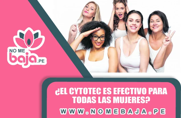 Se observa en la imagen 5 mujeres con ropa blanca sonriendo y un titulo que dice :  ¿El Cytotec es efectivo para todas las mujeres? nomebaja.pe