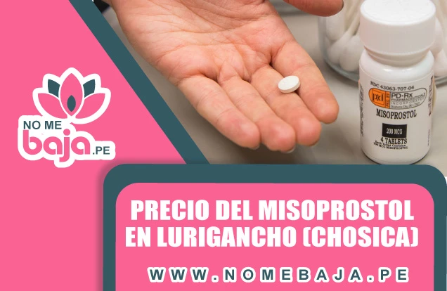 Se observa una mano con una pastilla y al lado un caja de pastillas,tambien un titulo que dice :Precio del Misoprostol en Lurigancho (Chosica) nomebaja.pe