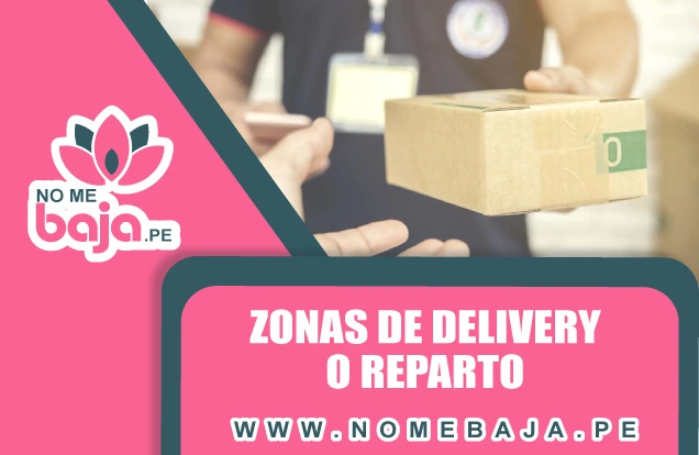 Se observa un repartidor haciendo la entrega de una caja,tambien un titulo que dice :Zonas de delivery o reparto nomebaja.pe