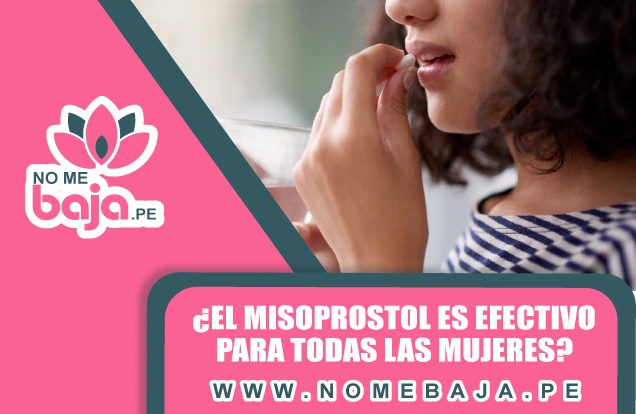 Se mira una mujer apunto de consumir una pastilla, tambien un titulo que dice :¿El Misoprostol es efectivo para todas las mujeres? nomebaja.pe