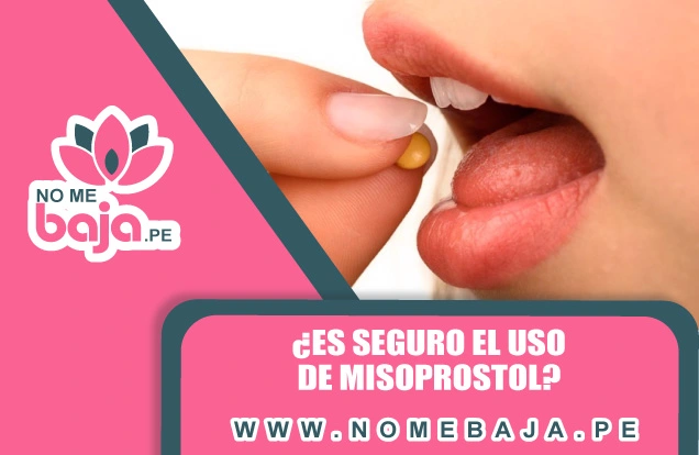 Se mira en la imagen una mano acercando ala boca una pastilla, tambien un titulo que dice :¿Es seguro el uso de misoprostol? nomebaja.pe
