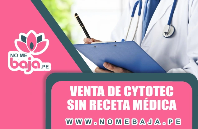 Se observa la mitad del cuerpo de un doctor con un boligrafo y papel, tambien un titulo que dice : Venta de Cytotec sin Receta Médica nomebaja.pe