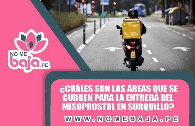 Se observa en un motorizado con su mochila de delivery y un titulo que dice :¿Cuáles son las áreas que se cubren para la entrega del Misoprostol en Surquillo? nomebaja.pe
